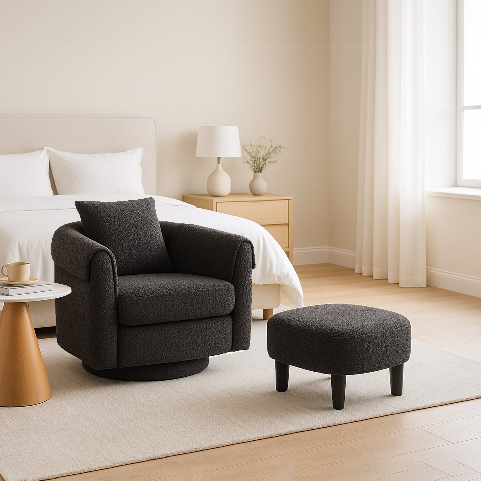 Swivel Accent Chair With Ottoman Set, Modern Chenille Barrel Armchair With Removable Back Pillow & 2 Armrest Covers For Living Room, Bedroom, Office, Black_voghion.com